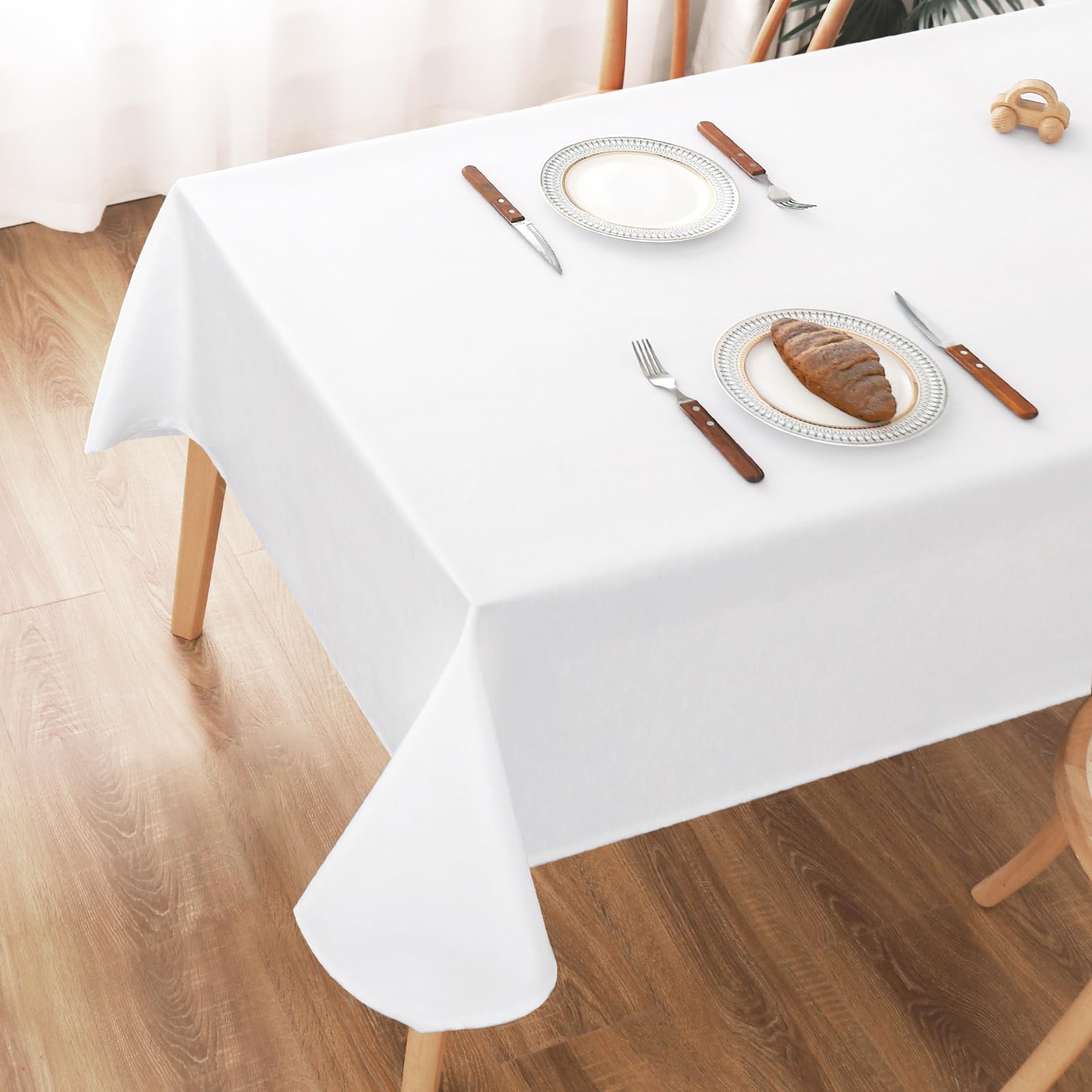 AooHome Tablecloth 100X140cm, White Faux Linen Tablecloths Washable Polyester Tablecloth Water-repellent with Lotus Effect