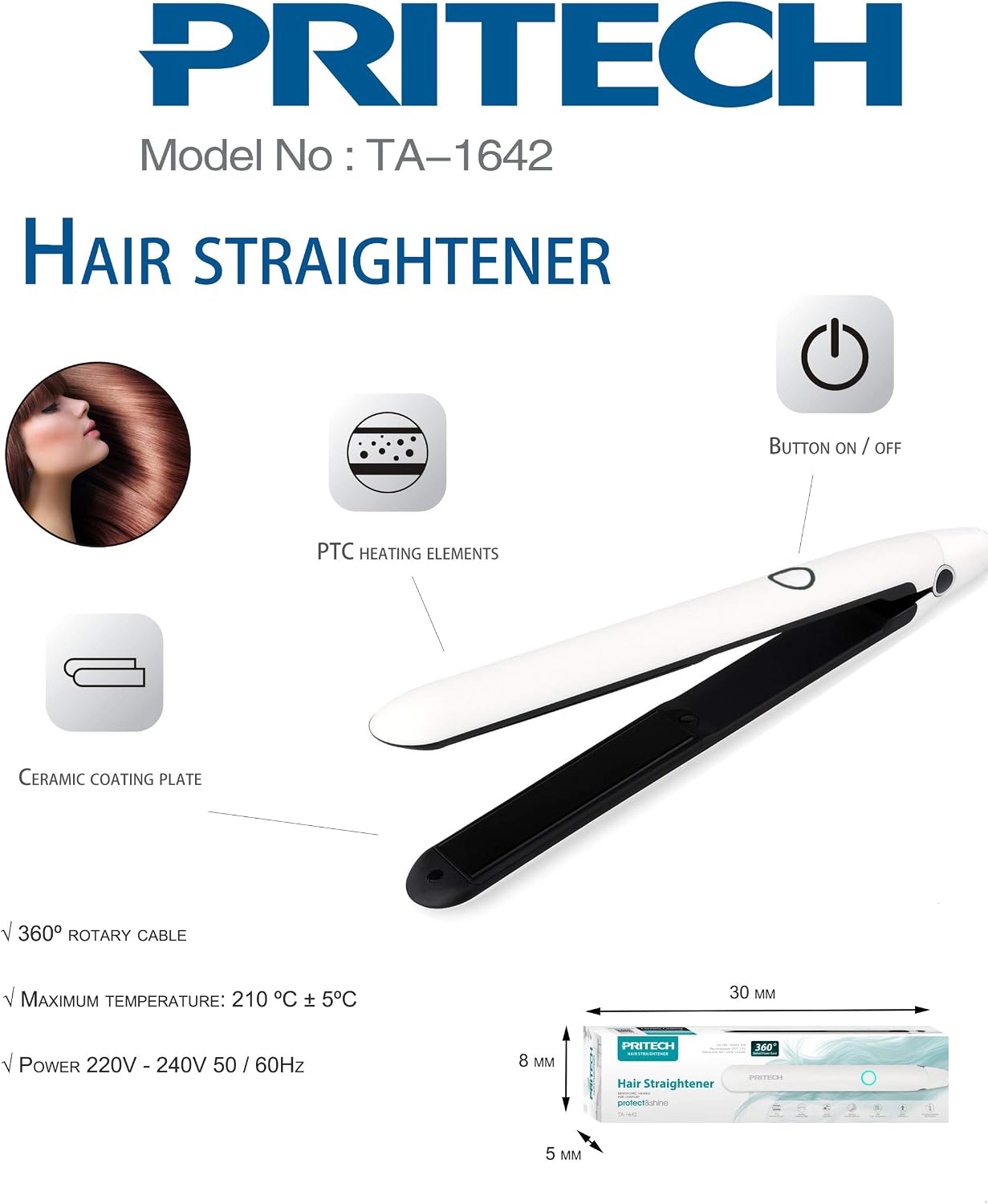 Pritech - Plancha de pelo con placa de revestimiento de cerámica con  material de calefacción PTC. TA-1642 : Amazon.es: Belleza