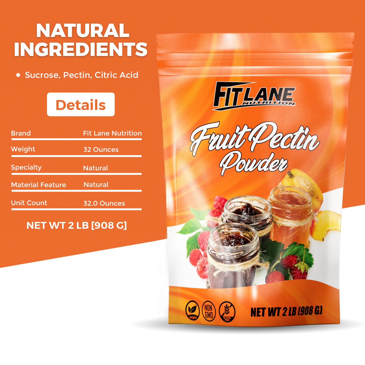 Fruit Pectin Powder 2 lbs - For Canning Jams and Jellies - Natural, Vegan and NON-GMO - Premium Bulk Ingredient Mix - Great for Apple Pie Filling - By Fit Lane Nutrition - Value Size Bag