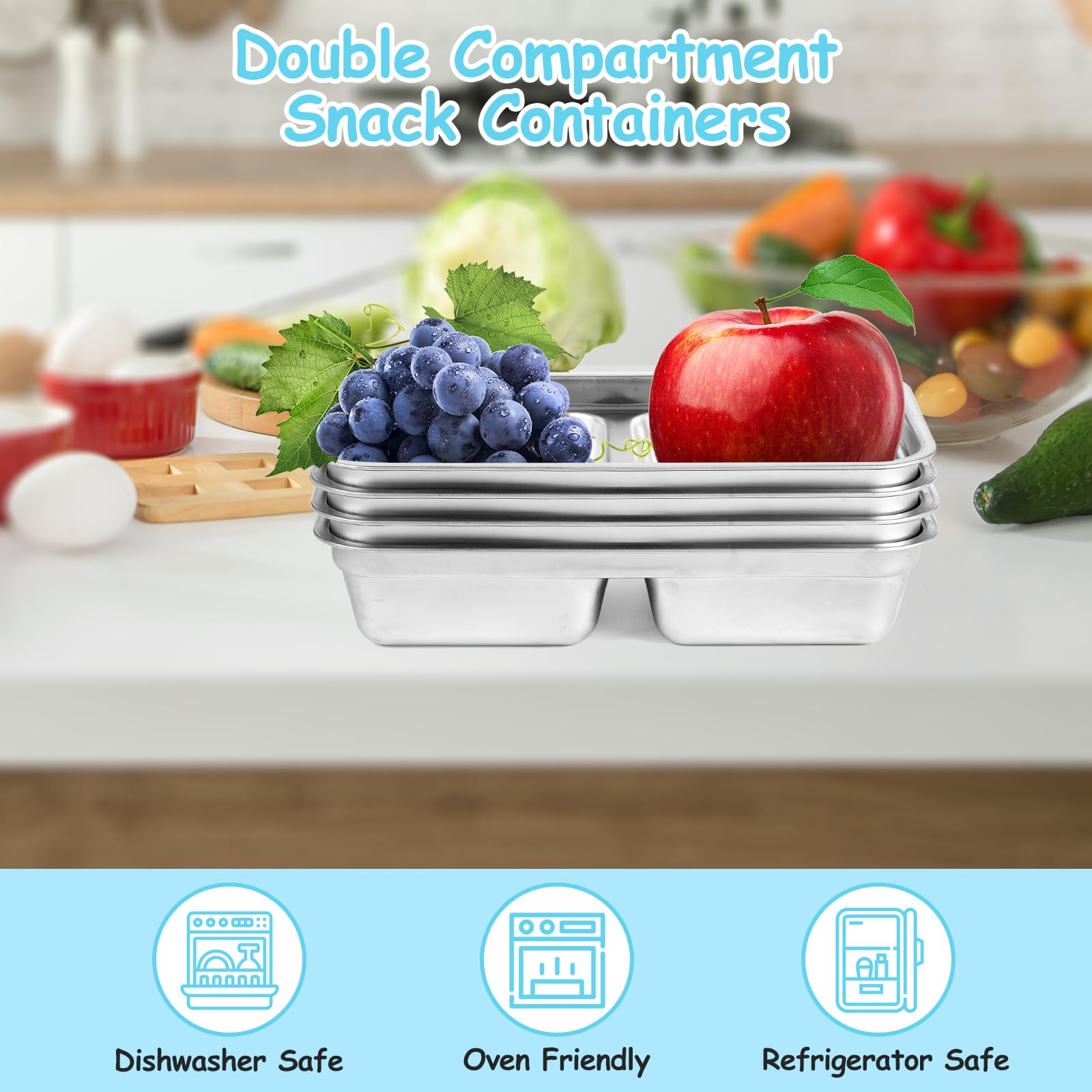 6 contenitori riutilizzabili per snack Grab and Go, in acciaio inox, a doppio scomparto, per lavastoviglie, condimenti con coperchio, per snack, salse, da asporto, viaggi e attività