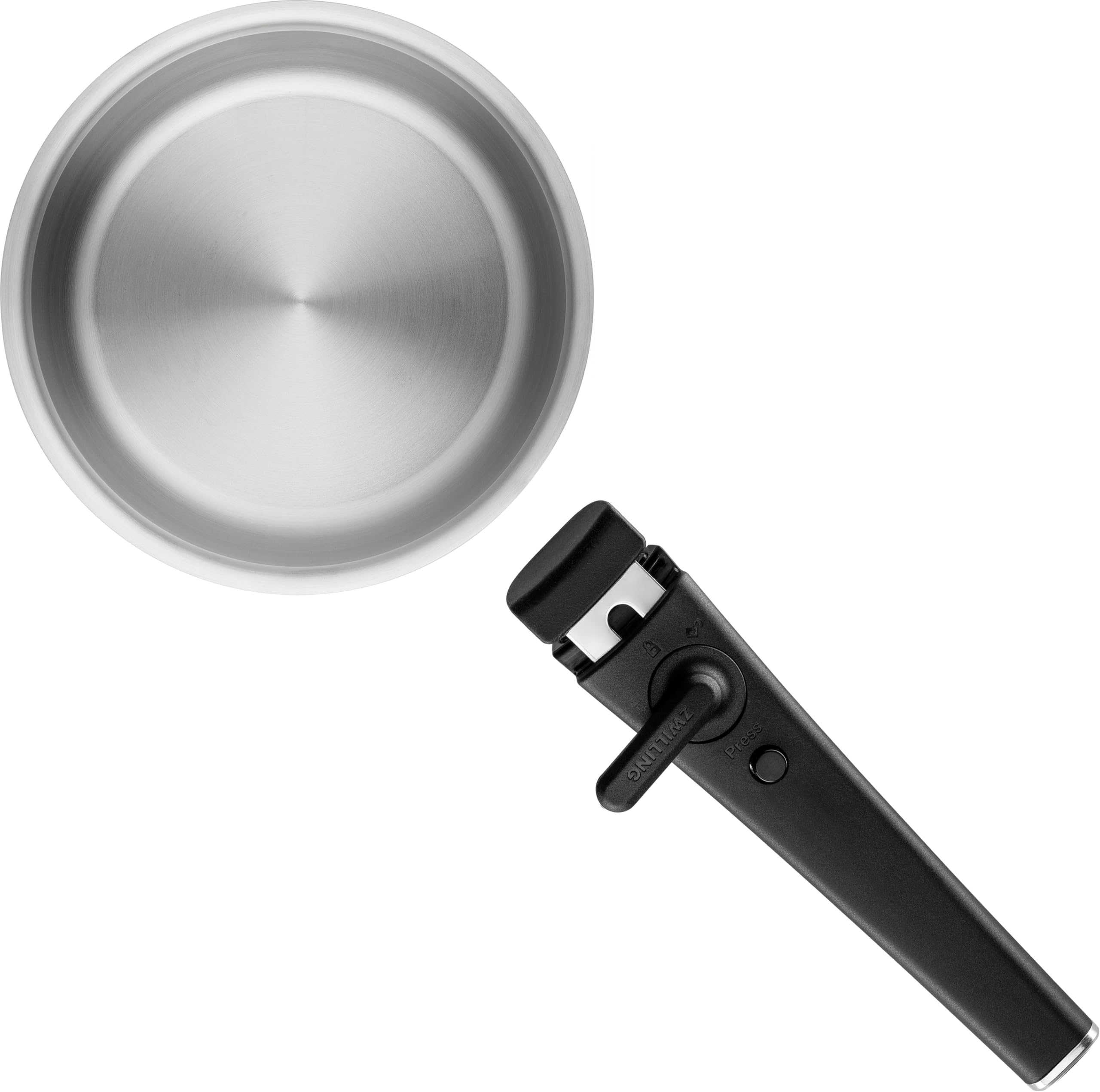 ZWILLING Unlock Batterie de cuisine 5 pièces (casserole 20 + 16 cm, poignée, 2 couvercles en verre), empilable, poignée amovible, acier inoxydable 18/10, pour tous les types de feux, y compris