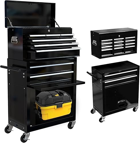 Caja de herramientas con ruedas de 8 cajones, caja de herramientas con ruedas y sistema de bloqueo, armarios de herramientas desmontables 2 en 1 de