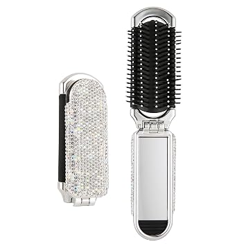 AsAlways Shiny Rhinestone Crystal Travel Hair Brush with Mirror Bling Diamonds Folding Hair Massage Comb Compact Portable Small Mini Hair Brush for Purse Wet & Dry DetanglingSilver
