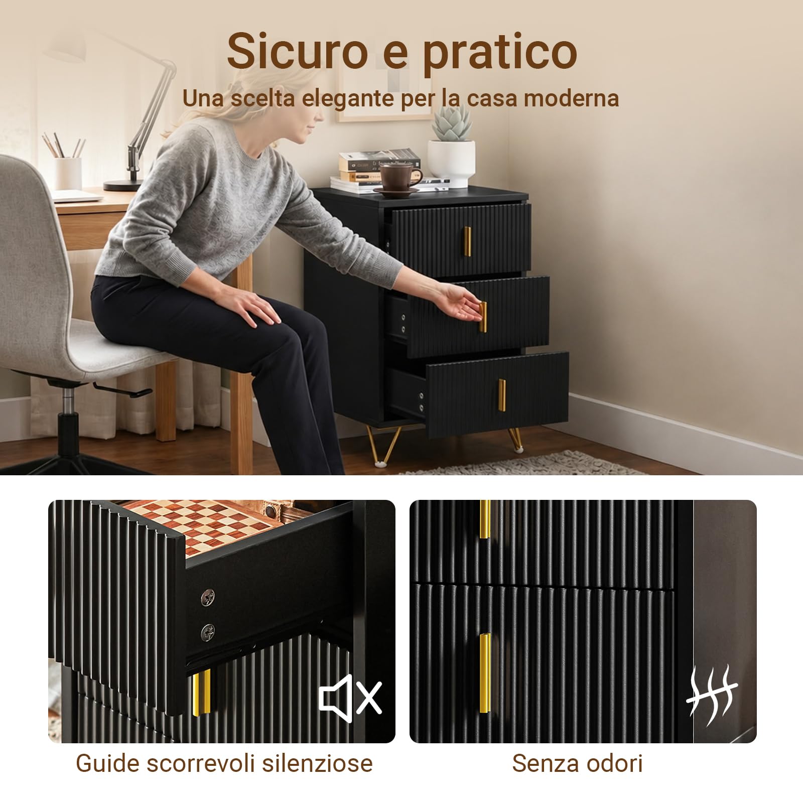 SoBuy Comodino camera da letto con 3 cassetti, 63 cm altezza ergonomica & 33 kg capacità, tavolino da letto per camera e soggiorno, ideale per piccoli spazi, nero, 40 x 40 x 63 cm, FBT115-L-SCH