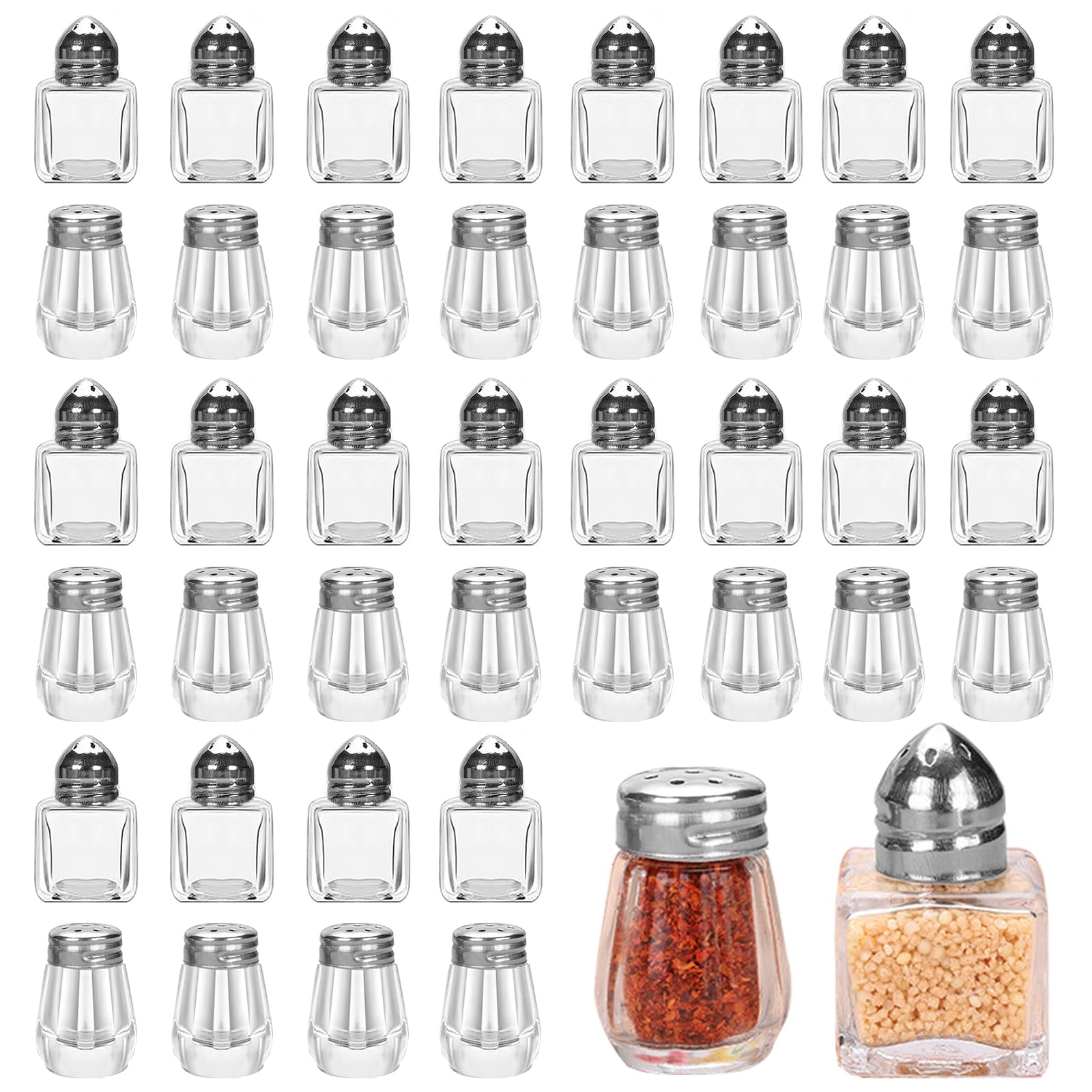 100 mini saleros y pimenteros, tarros de condimentos de vidrio a granel de 0.5 onzas, recipiente pequeño de vidrio para especias con tapa de acero inoxidable para viajes, hogar, campamento,