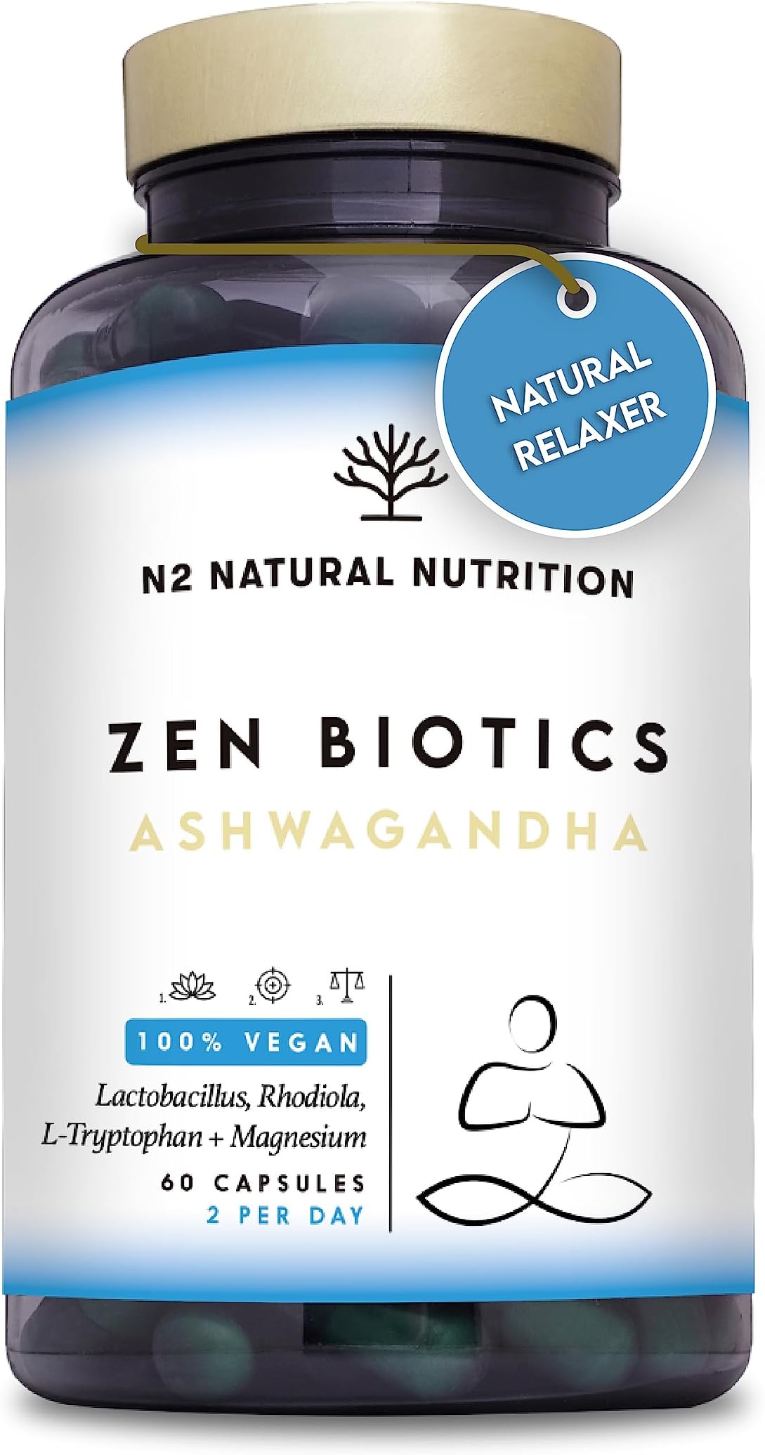 Ashwagandha Capsules. with Probiotics, Magnesium and Tryptophan. and Rhodiola. 60 Capsules. N2 Natural Nutrition