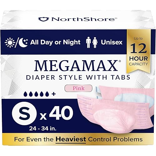 NorthShore MegaMax Adult Overnight Diapers, 12-Hour Tab-Style, Small, 40 Count Case, Pink, 24-34 inches, Unisex Incontinence Underwear