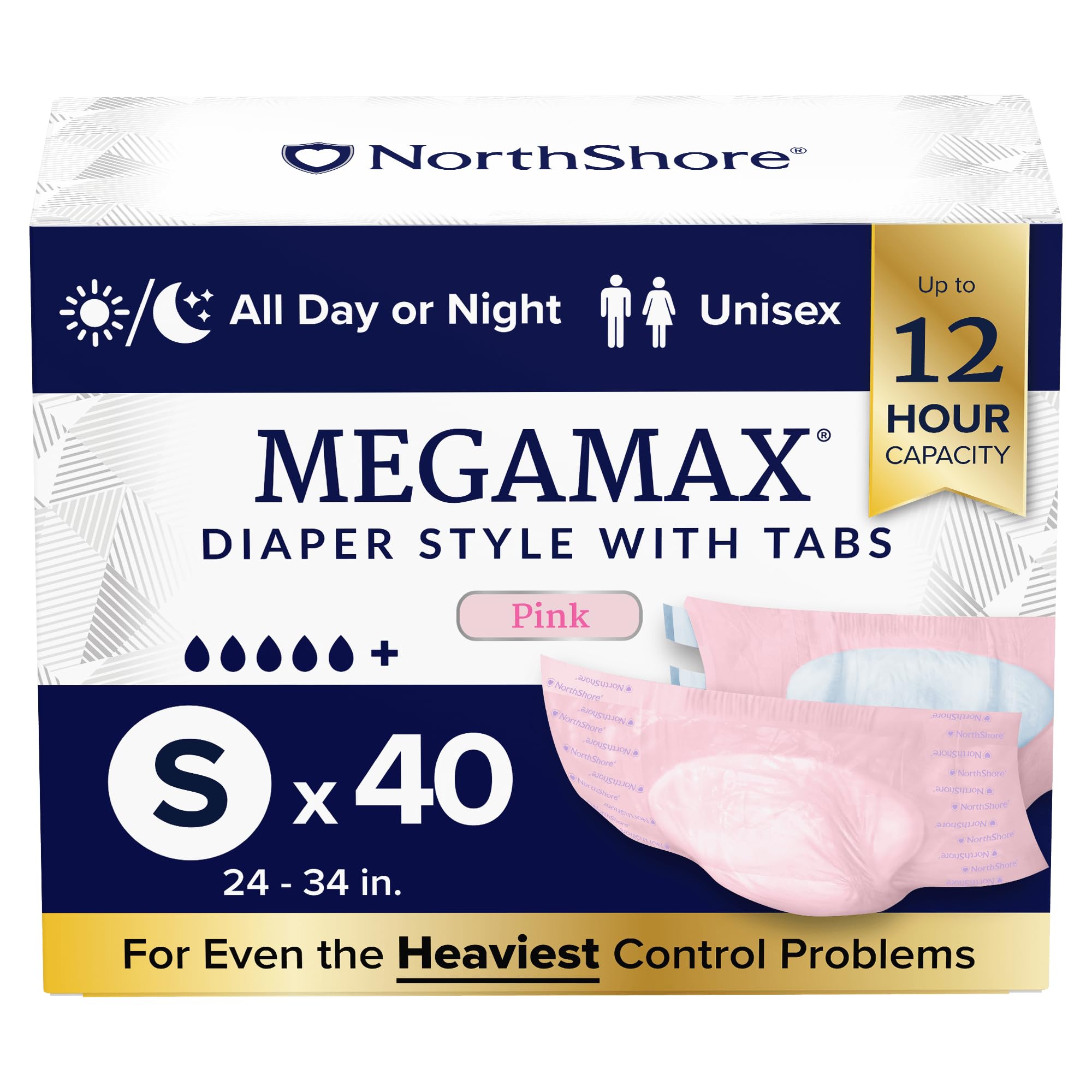NorthShore MegaMax 12-Hour HBL Adult Diapers for Heavy Bladder Leaks, Small, 40 Count, Pink, 24-34 inches, Tab-Style Incontinence Underwear for Men,