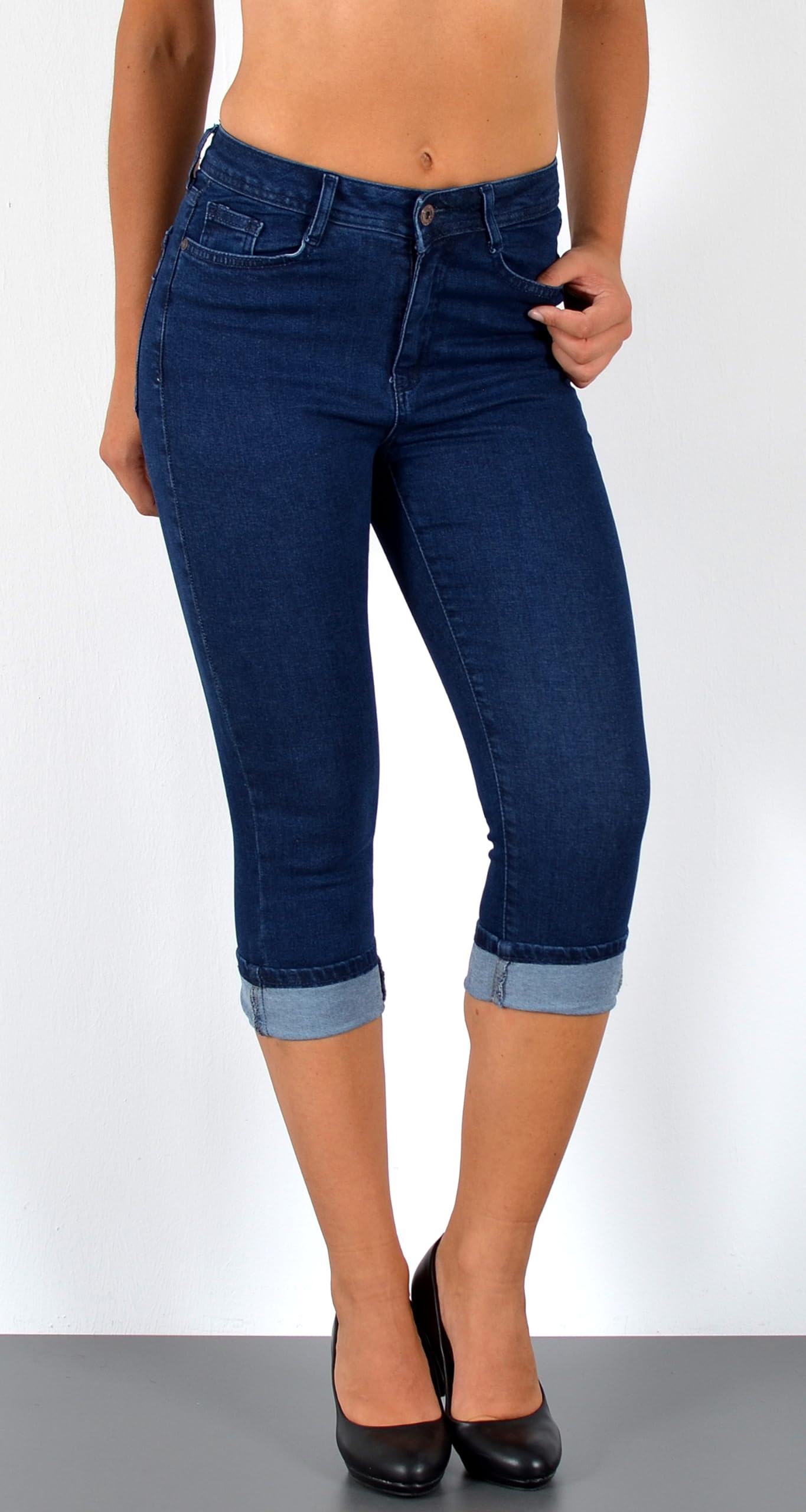 ESRA Damen Capri Hose Damen High Waist Caprihose Kurze Jeans Hose hoher Bund bis Übergröße C21