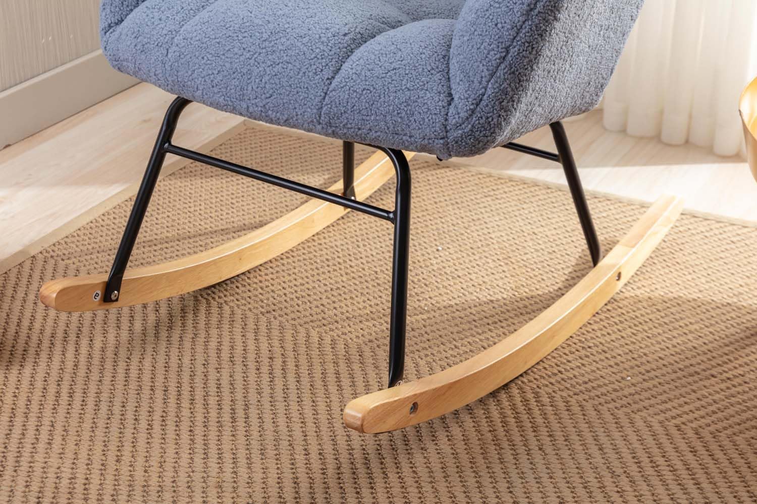 Nursery Rocking Chair with Cushion, Comfy Teddy Upholstered Glider Rocker Chairs with High Backrest Armchair, Plush Padded Side Chair for Living Room Bedroom Small Spaces (Light Blue)