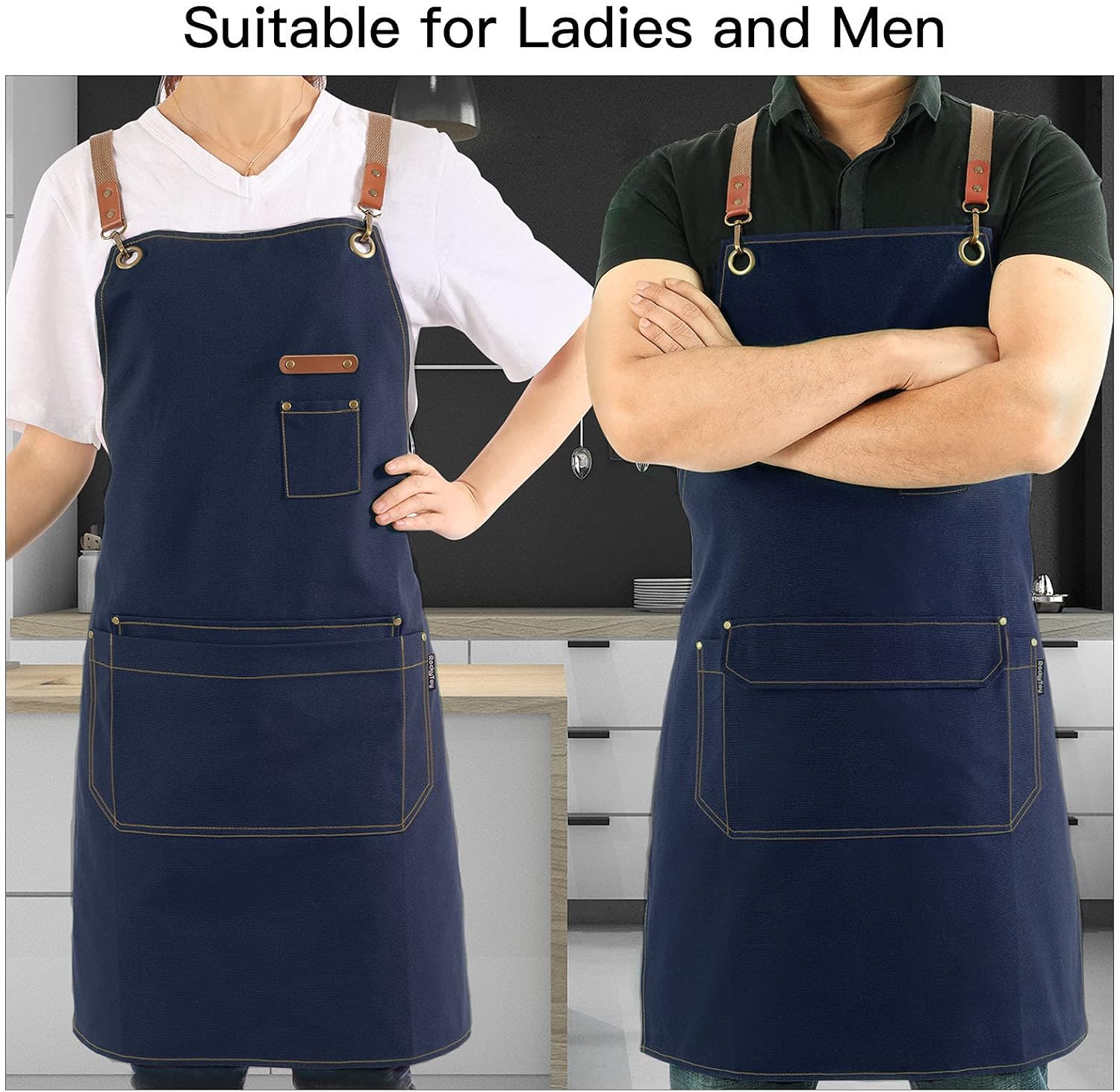 Chef Apron with Cross Back Straps for Men Women, Cotton Canvas Apron for Artists Painting, Kitchen Cooking - Image 2
