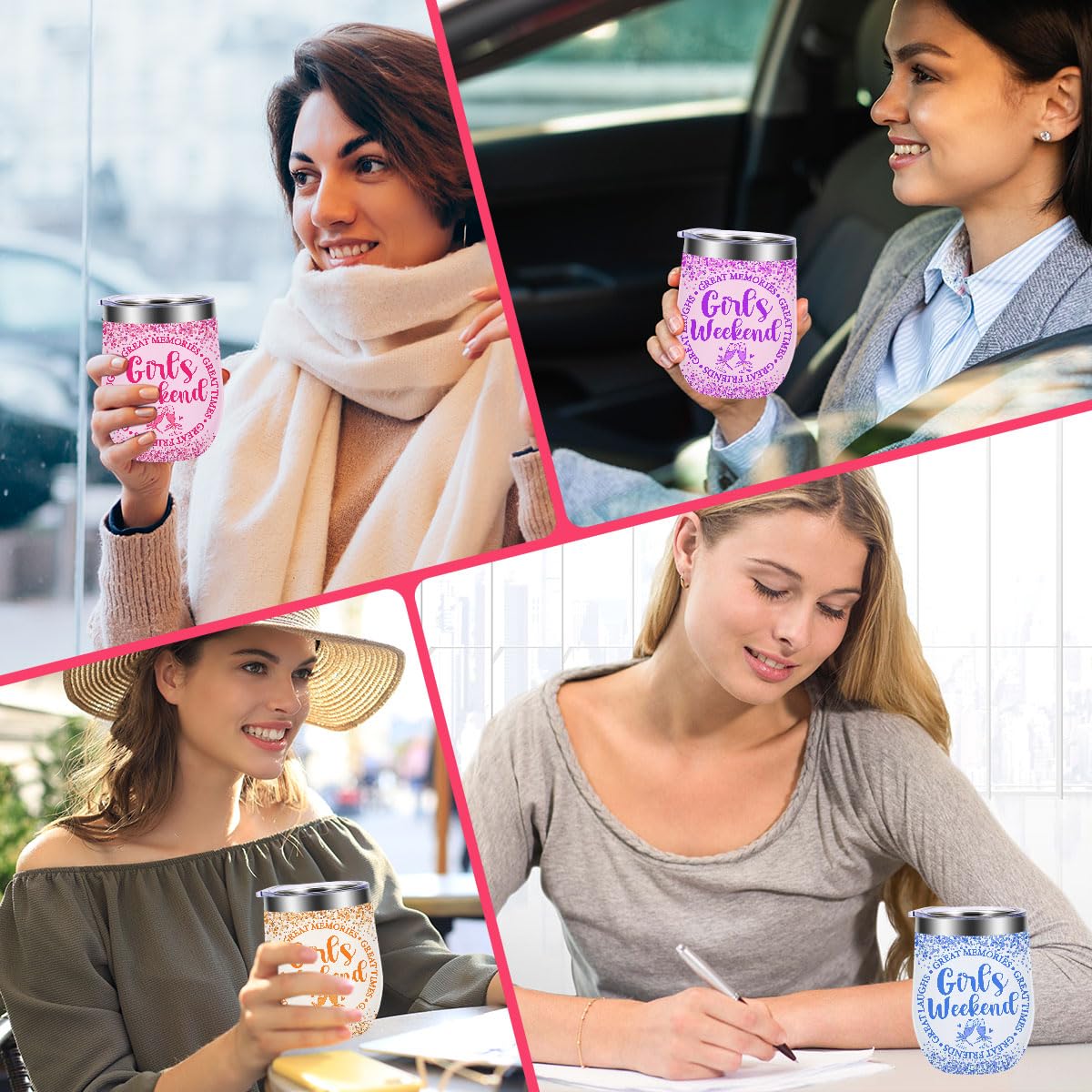 Girls Weekend Gifts Set of 4，Friends Wine Tumbler Vacuum Insulated Travel Tumbler Cup for Coffee, Wine, Cocktails Christmas Birthday Girls Weekend Travel Gifts for Women Sister Best Friend