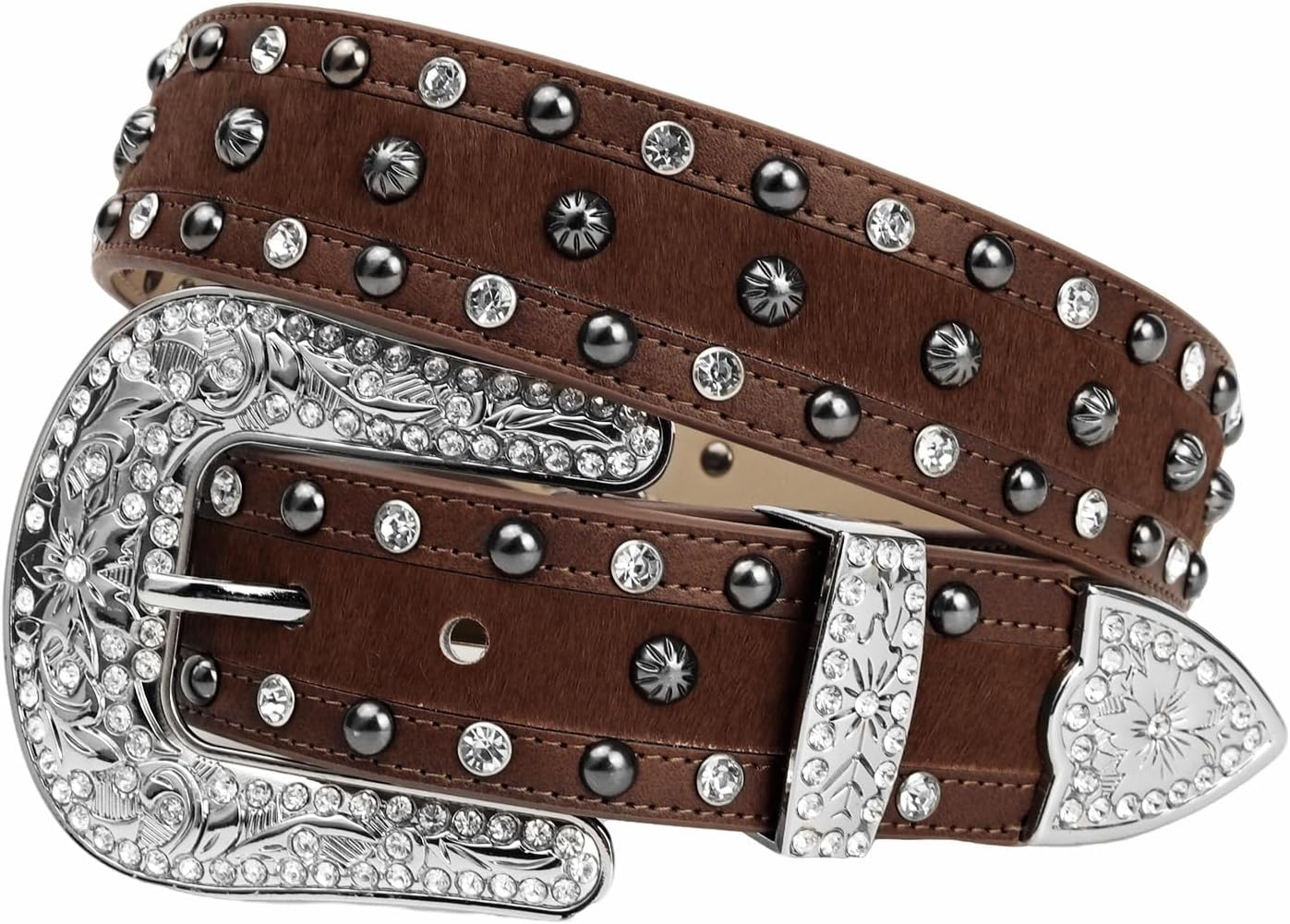Women's Haircalf Leather Belt - Western Style with Floral Buckle & Studs for Jeans Pants