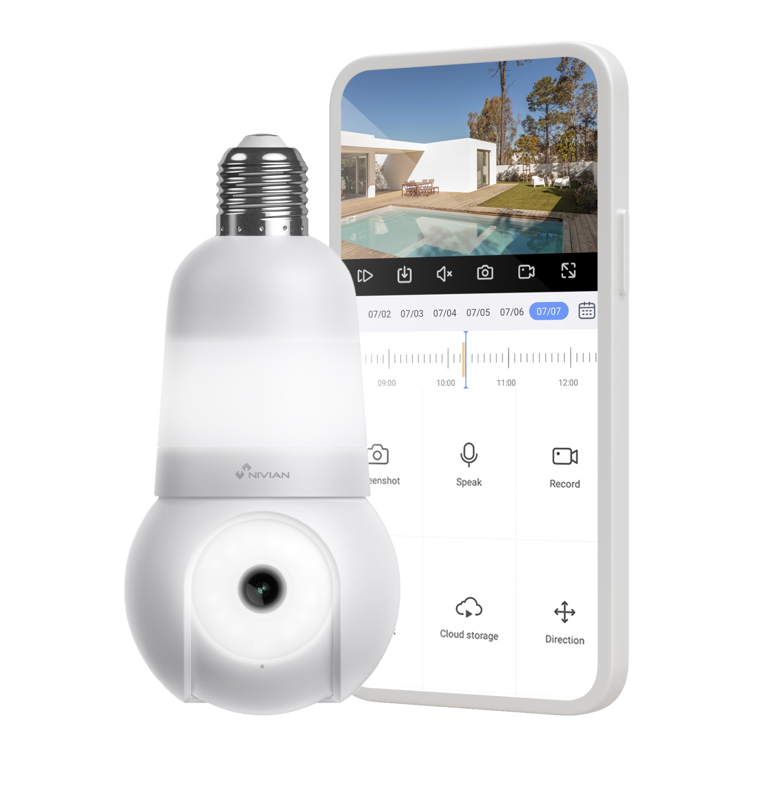 NIVIAN WiFi Surveillance Camera Bulb Type E27 2K- 360º Movement with Audio, Light, Human Recognition and Tracking-Night Vision, Compatible with Alexa, Google Home, Tuya App