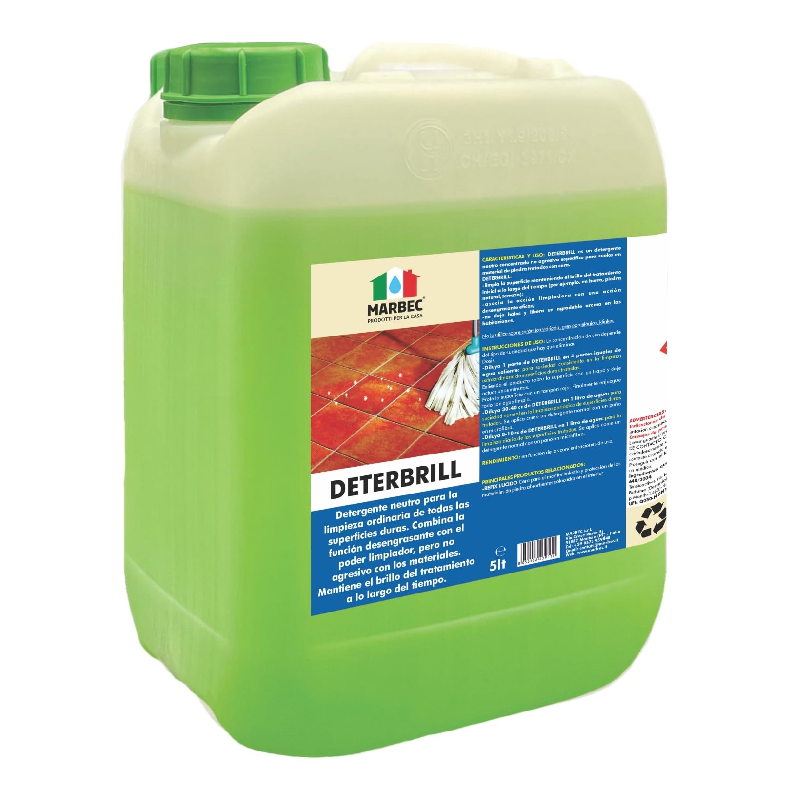 MARBEC DETERBRILL 5LT Detergente neutro concentrado no agresivo específico para suelos de barro y piedra tratados con cera.
