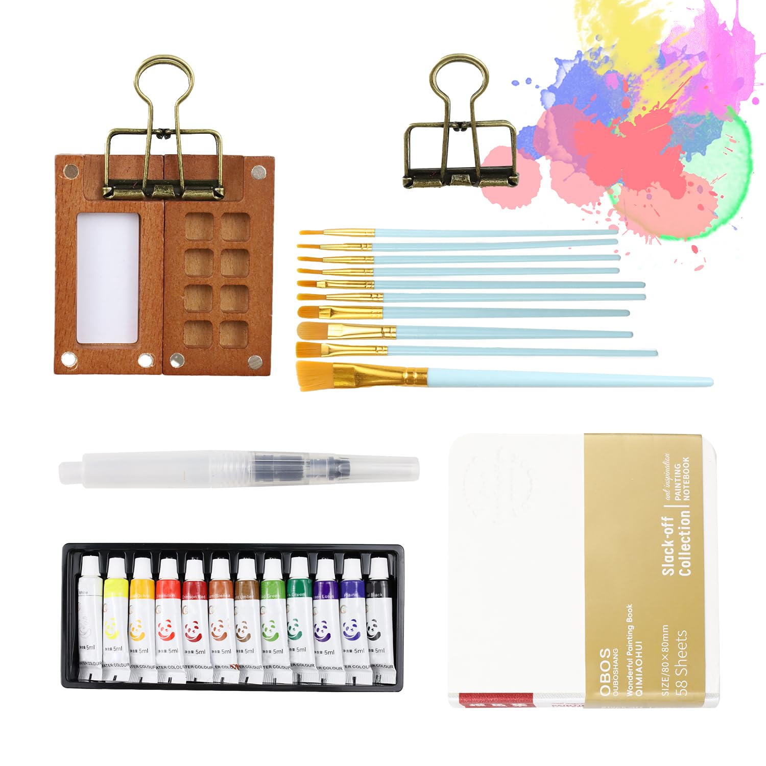 Fosoloni Mini Aquarell Travel Set, Pocket Aquarell Set mit Binder-Clips, 8 Gitter Palette Holz, 24 Farbpigmente, 10 Pinsel, 1 Wasserabsorbierender Stift und 1 Skizzenbuch, Mini Malset für Travel