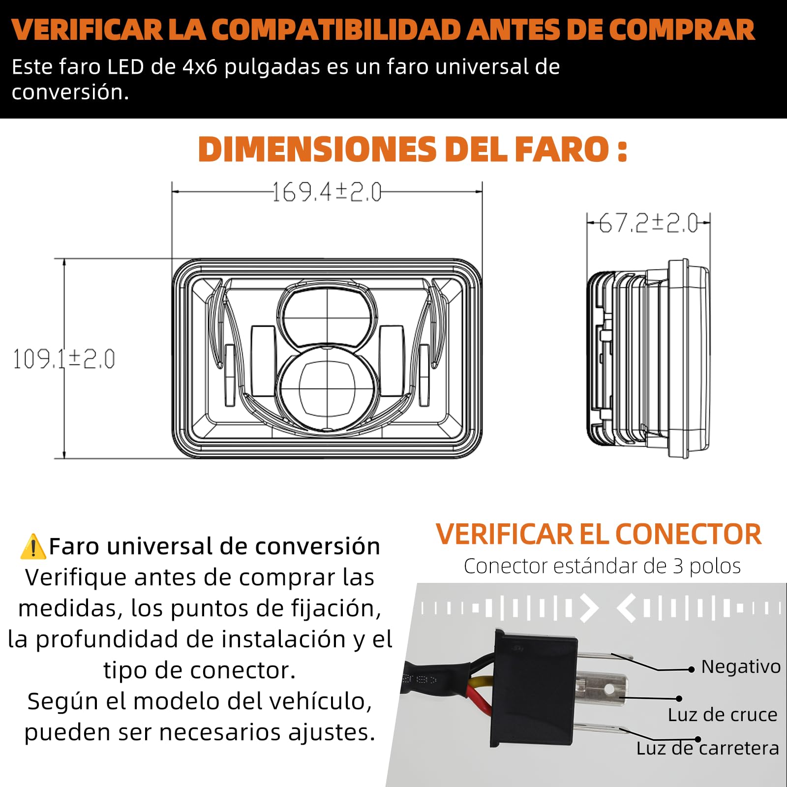 Faro LED para moto de 4x6 pulgadas, homologado E, con luz de carretera, luz de cruce y luz antiniebla, compatible con Kawasaki KMX125 200, KLR250 600 650 y Suzuki DRZ400, negro.