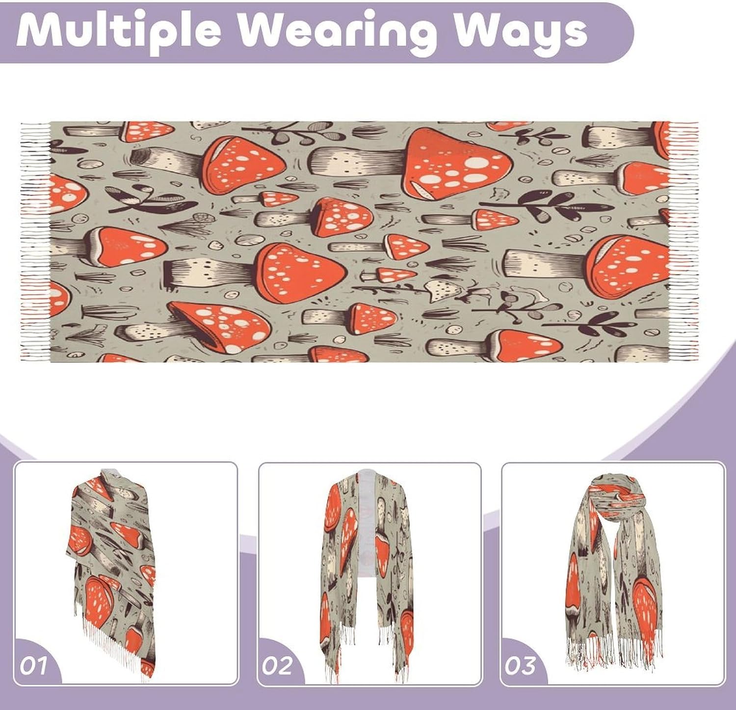 Cartoon Mushrooms Winter Scarf for Women Soft Tassel Scarves Oversized Wraps Long Shawl Cold Weather Thick Blanket Scarfs