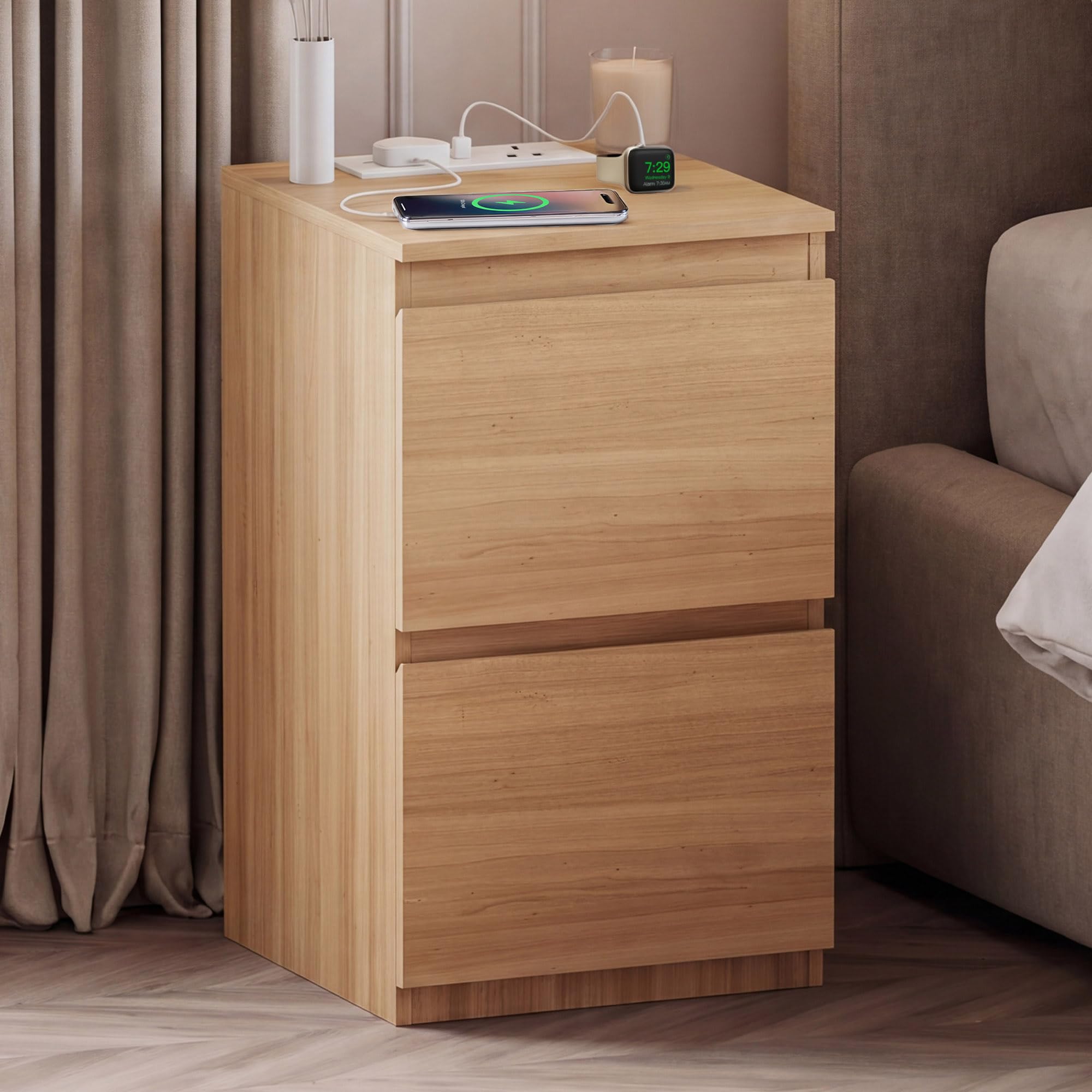 Vida Designs Denver 2 Drawer Bedside Cabinet Pine - Compact Space-Saving Nightstand with power outlet - 52H x 29.5W x 29.5D cm - Ideal for Bedroom & Guest Room
