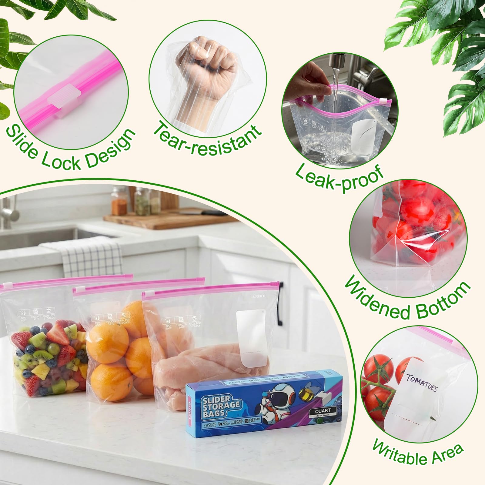 60 Piezas Bolsas Congelacion, 20,2 x 18 cm Bolsas Zip para Congelar, Alimentos Herméticas Reutilizables con Parte Inferior Expandible, Ziplock Bag Para Carne, Frutas y Verduras - 5