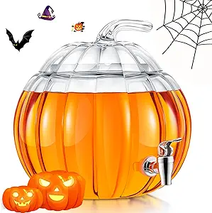 Uiifan 1 Pack 2 Gallon Glass Pumpkin Drink Dispenser for Fall Halloween Thanksgiving Party Supplies, Beverage Dispenser with Spigot, Trick or Treat Pumpkin Punch Bowl for Kitchen Bar Use (Clear)