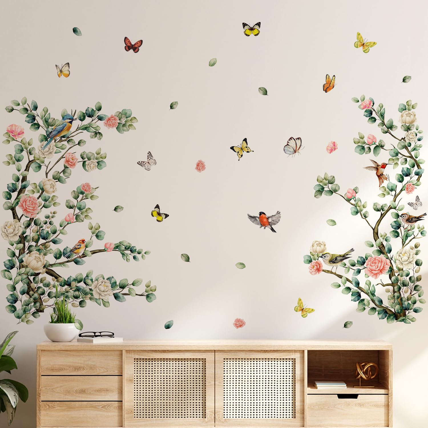 Watercolor Flower Branches Wall Decals Butterfly Floral Tree Wall Stickers Peel and Stick Wall Murals Decor for Classroom Nursery Kids Bedroom (Flower