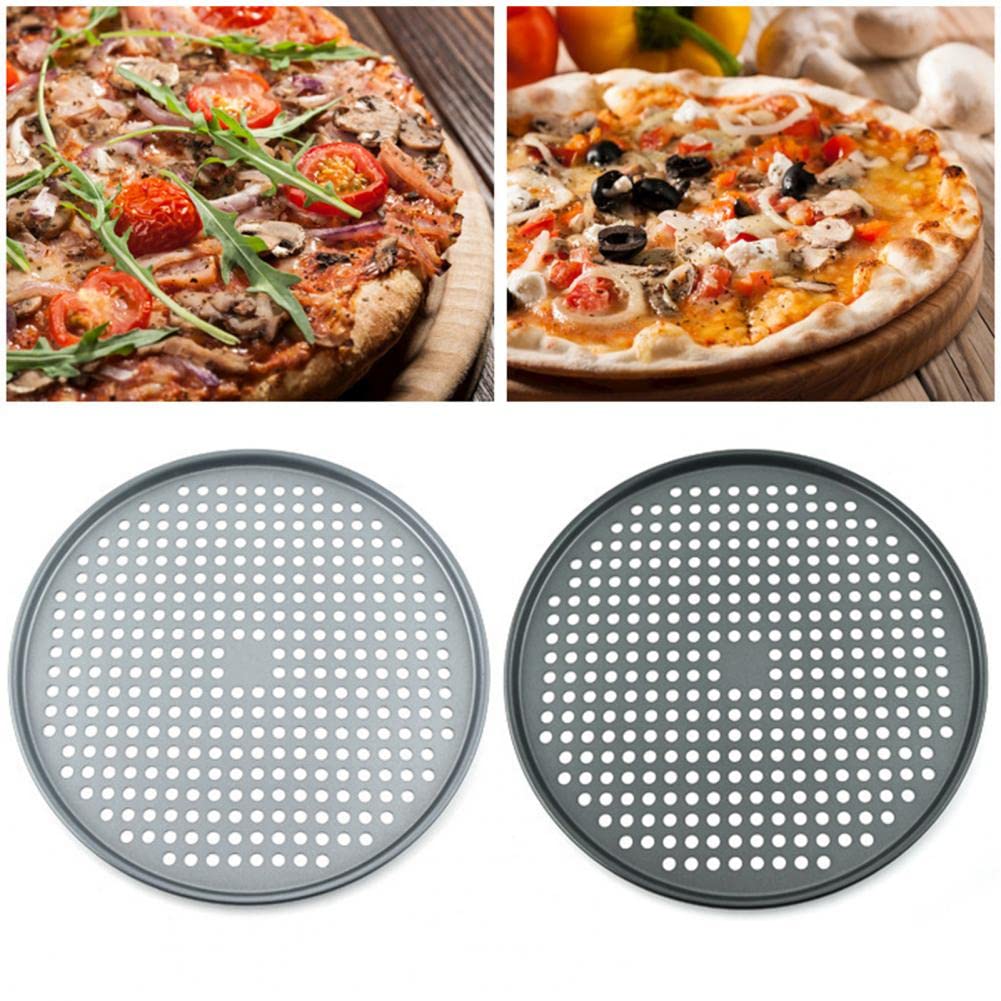 Bandeja para Pizza Redonda de 37 cm, Antiadherente, de Acero Inoxidable, con Orificio de ventilación, Gris Oscuro y Gris Claro.