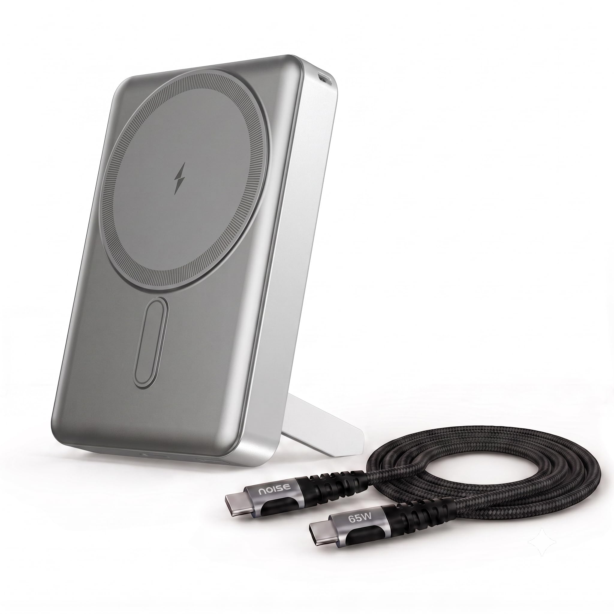 Noise 10000mAh MagSafe Wireless Power Bank + 65W Type-C to Type-C Braided Cable (1M):Built-in Stand,15W Wireless & 22W Wired Output, Strong Magnetic Hold, for Android & iPhones (Moonlight Silver)-picture-19