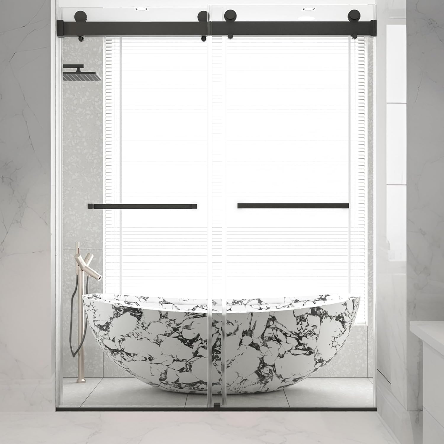 56-60" W x 76" H Shower Door, Double Sliding Frameless Shower Door with 3/8 Inches (10mm) Thick SGCC Tempered Glass, Explosion-Proof Film, Matte Black