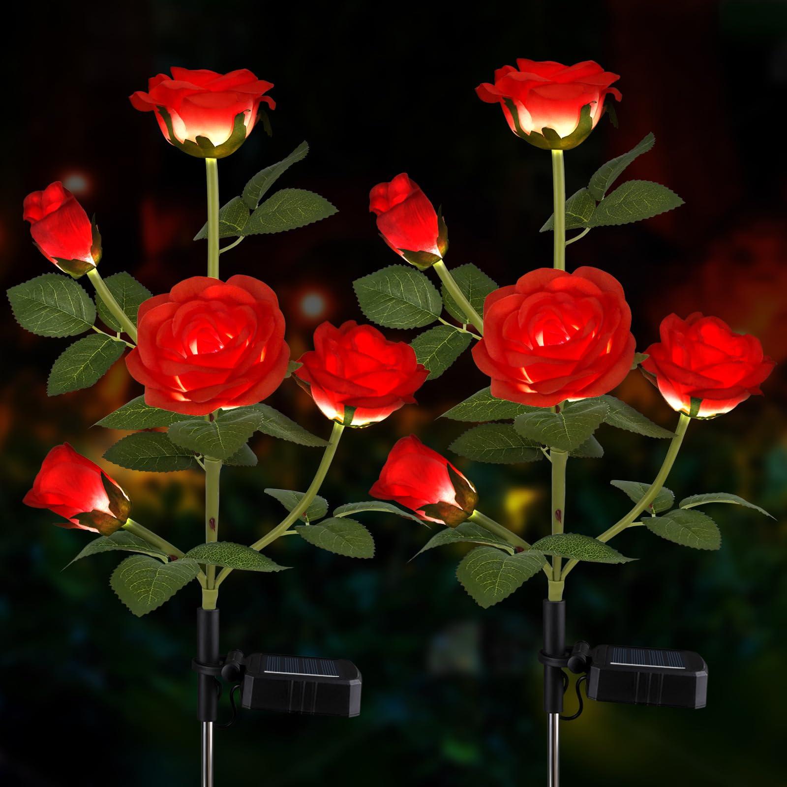 Aolyty Red 2 Pcs Led Solar Garden Lights, Decorative Waterproof Roses Stake Light, 5 Flowers Outdoor Artificial Ornaments For Grave Patio Pathway (Red)