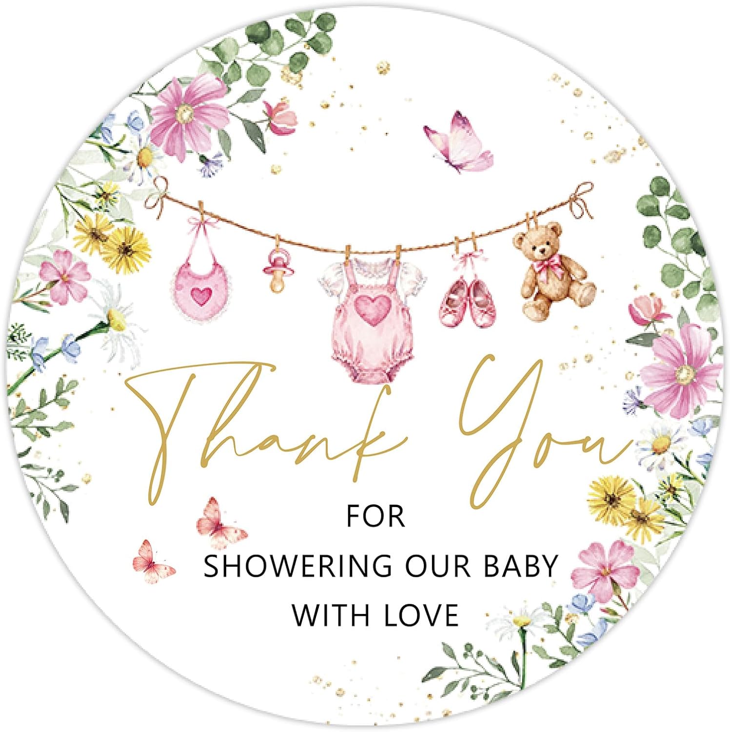 Whaline 100Pcs Baby Shower Clothes Thank You Stickers 2 Inch Pink Infant Clothes Floral Round Adhesive Label Decals for Girl Birthday Party Decorations
