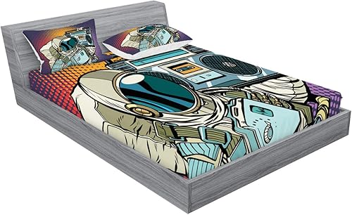 Miniatura 2 de Lunarable Rapper - Juego de sábanas bajeras y fundas de almohada, astronauta con un boombox retro para escuchar música en el espacio, impresión de