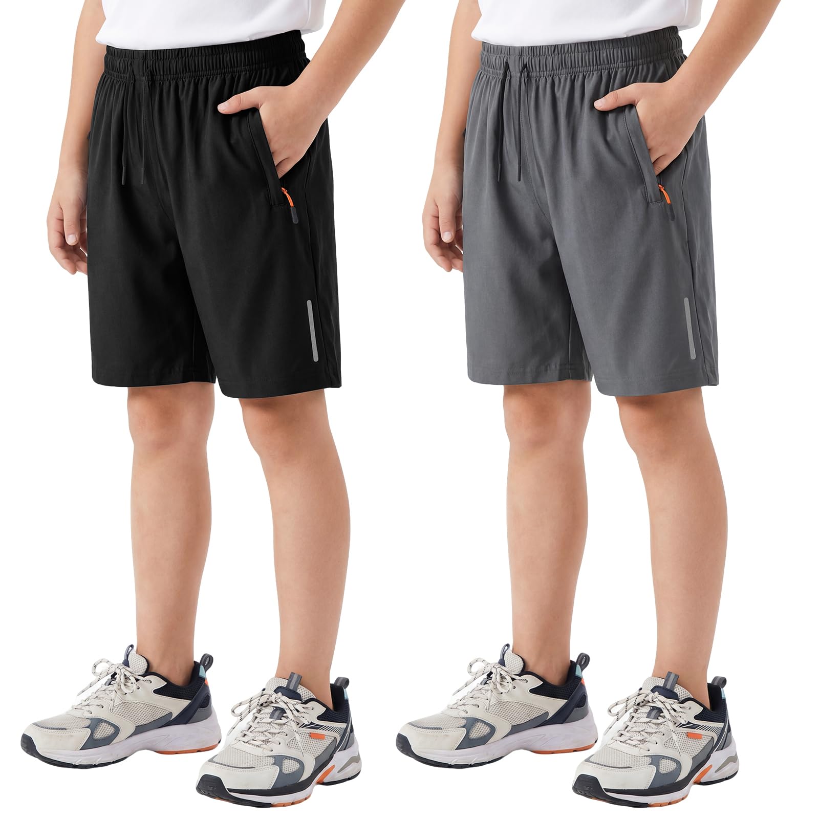 Pantaloncini Ragazzi, Rapida Asciugatura 2 Pezzi Sportivi Shorts con Strisce Riflettenti e Tasche Cerniera, Traspirante Abbigliamento Sportivo Scuola Ciclismo Bambini 6-13 Anni