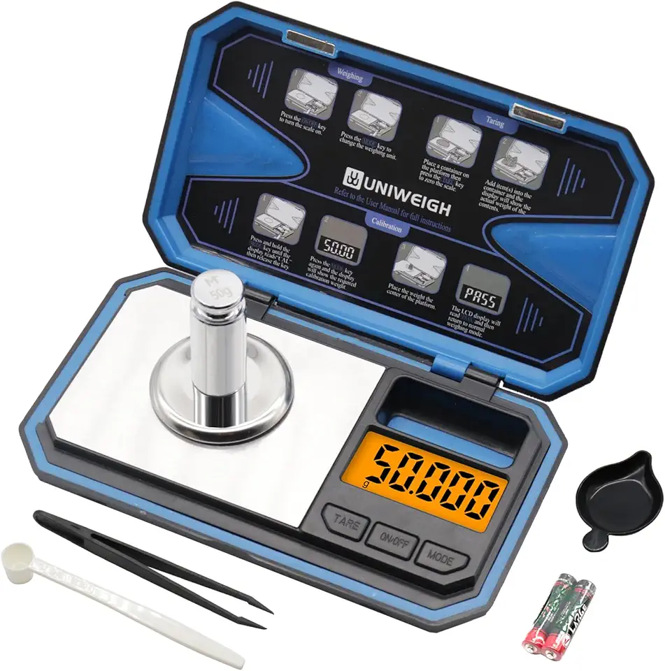 UNIWEIGH Balança De Miligramas, Precisão Compacta Bolso 50G/0,001G Com Peso Calórico 50G, Mg Para Medicina Elétrica, Recarga, Joias, Moedas E Pedras Preciosas, Colher