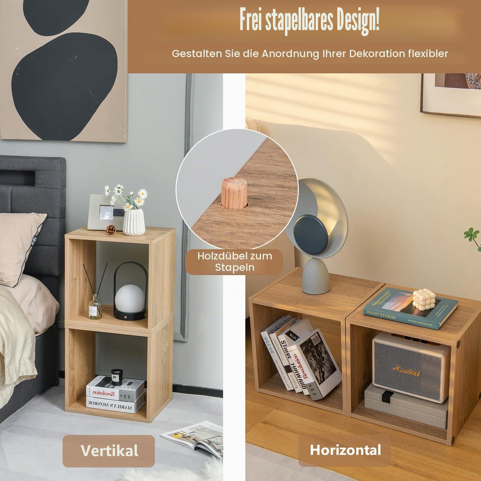 KOMFOTTEU 2er Regalwürfel, Stapelbare Aufbewahrungswürfeln Holz, Bücherregal Cuberegal mit Kippschutz, Würfelregal 38x33cm freie Kombination, Quadratisches Regal für Wohnzimmer Schlafzimmer Büro