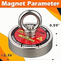 Vista 5 de MUTUACTOR Kit de pesca con imán de 500 libras de fuerza de tracción, Φ2.36 pulgadas, imán de neodimio N52 de alta resistencia con cuerda duradera
