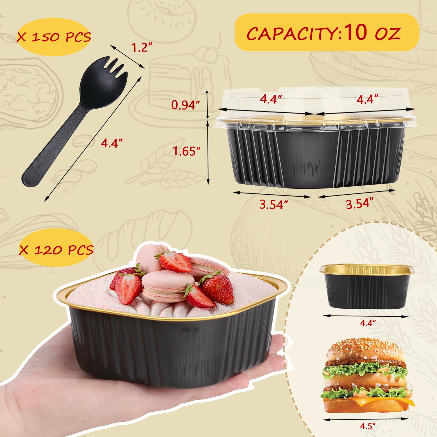 LNYZQUS Paquete de 120 mini moldes para tartas de 10 onzas con tapas, moldes pequeños de aluminio para hornear brownies, moldes desechables de 4 x 4 pulgadas, moldes para magdalenas, mini recipientes