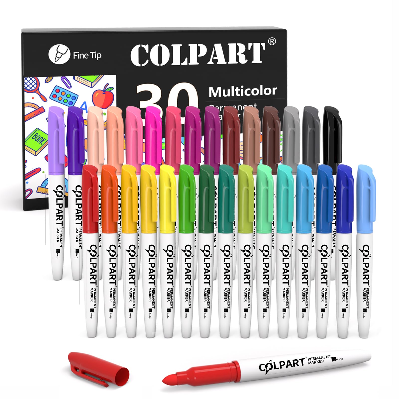30 Colors Permanent Markers, Fine Point, Assorted Vibrant Colors, Works on Plastic, Wood, Stone, Metal, Glass & More β Ideal for Drawing, Coloring, Doodling, and Marking