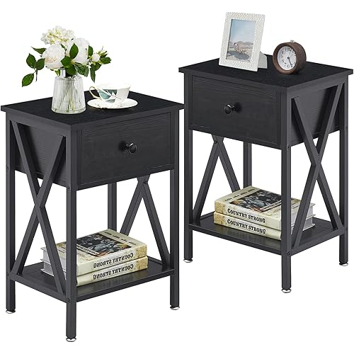 VECELO Nightstands Set of 2, Modern Bedside End Tables, Night Stands with Drawer and Storage Shelf for Living Room Bedroom, Industrial Metal Frame