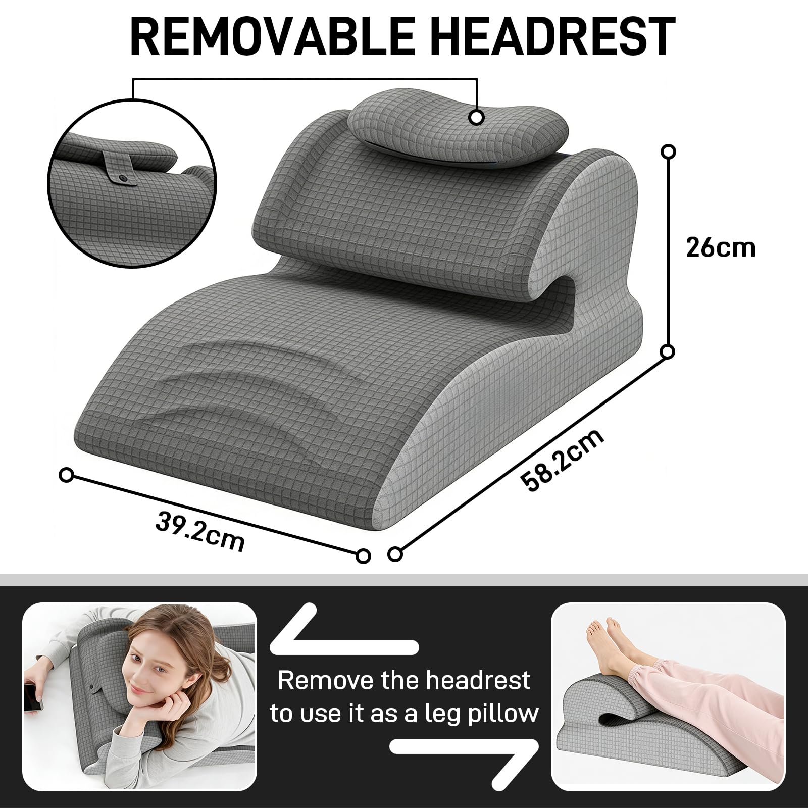 JAOGAUS Cojín en cuña de Espuma viscoelástica para Cama y sofá, cojín ergonómico con Soporte de Cabeza Desmontable, cojín Inclinado para Espalda, Cuello y piernas, Ideal para Leer y Relajarse