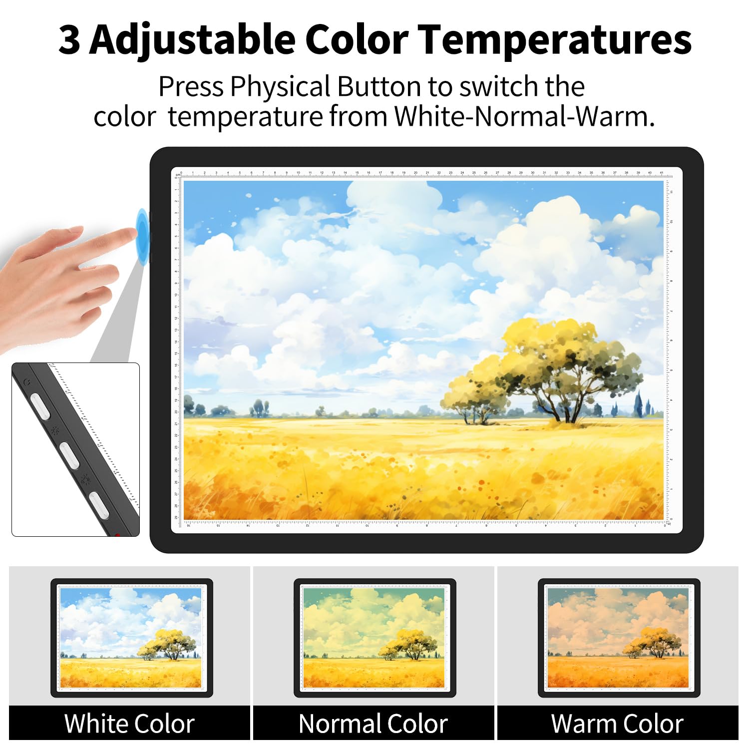 TSOCOS A3 Leuchttisch mit Tragetasche, 6000Lux Sehr Hell LED Licht Pad mit Seitliche Tasten & 6 Stufen der Helligkeit, 3 Farben Lightpad Leuchtplatte für Diamond Painting, Zeichnen, Skizzieren