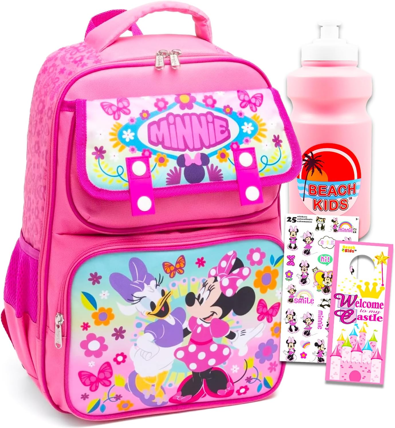 Disney Minnie Mouse Backpack for Girls - Bundle with 15 Inch School Bag Plus Water Bottle, Stickers, More | Minnie Mouse Backpack for Girls, Kids