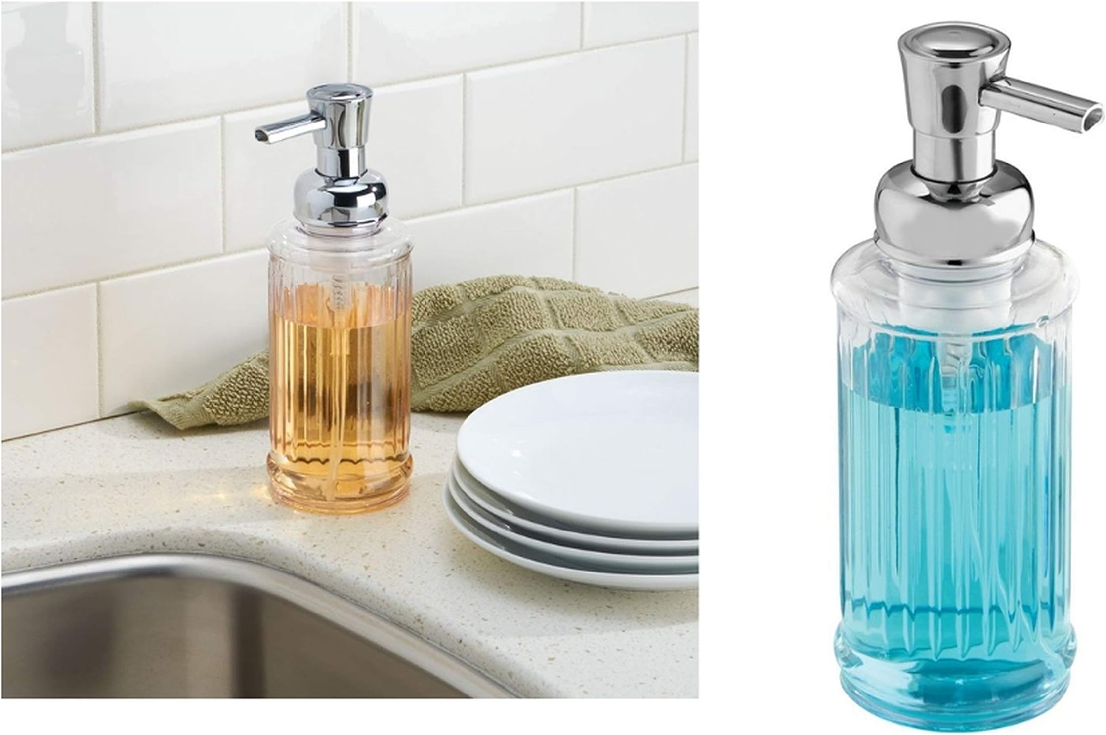 InterDesign Duo Foaming Soap Dispenser Pump for Kitchen or Bathroom Countertops, Clear/Brushed Nickel