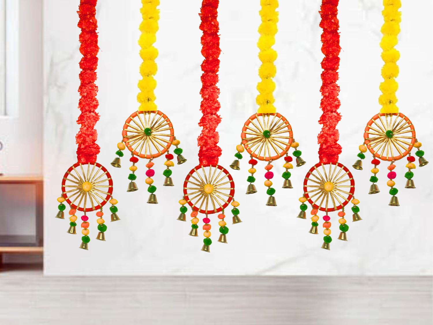 DRYPHON Artificial Marigold Flowers with Pom Pom Ring Bell Hanging Garlands for Home, Diwali & Wedding Decoration (Pack of 6)