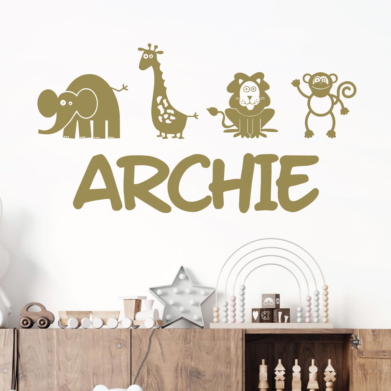 Personalised Name Children Wall Art Sticker - Cartoon Africa Safari Zoo - Giraffe, Monkey, Lion, Elephant [Medium] [Gold]
