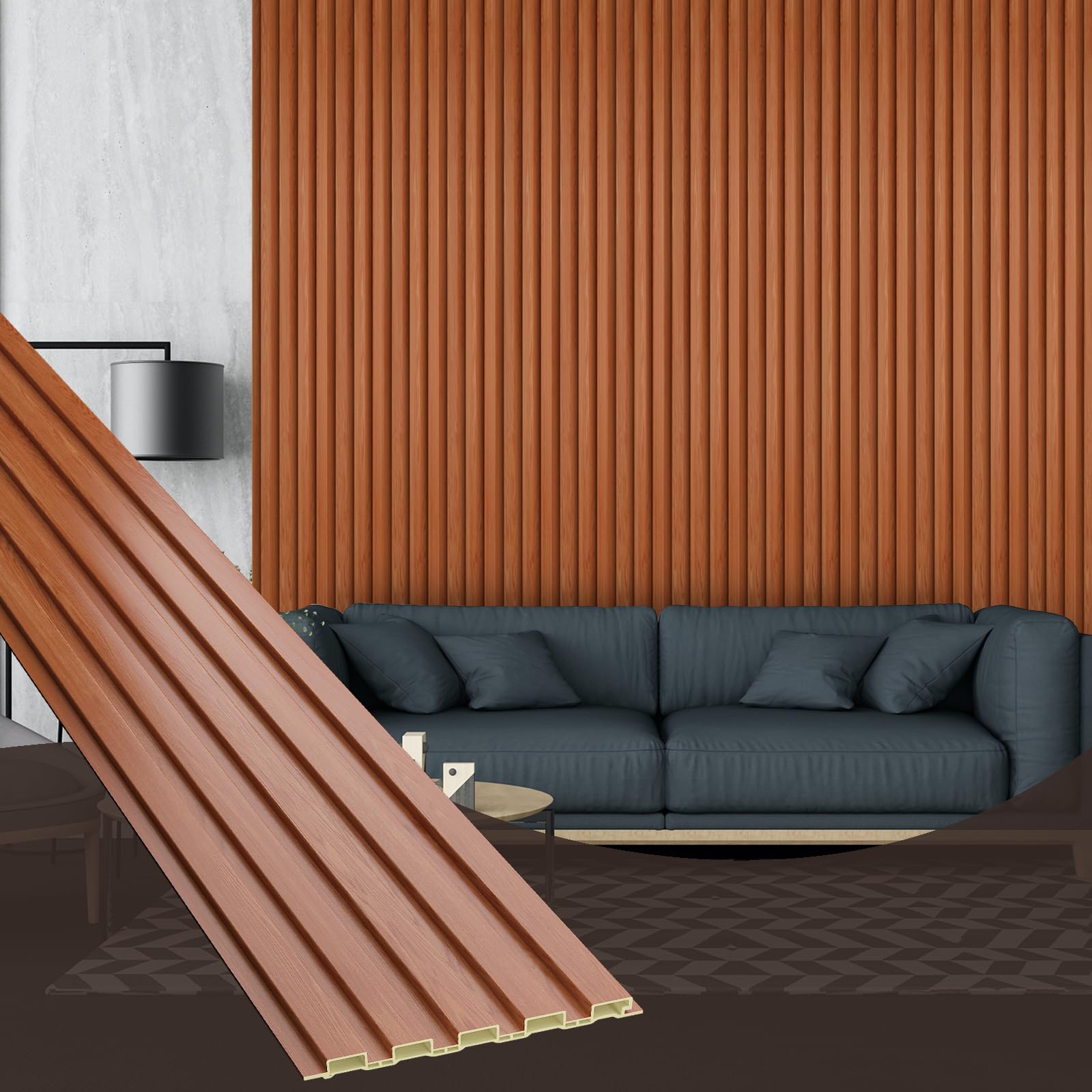 ouzugie wpc acoustic slat wall paneling, 8-pack 114 x 6 inches 3d wall panels for interior wall decor,living room,tv background,study room,office spaces,bedroom,low grille (teak)