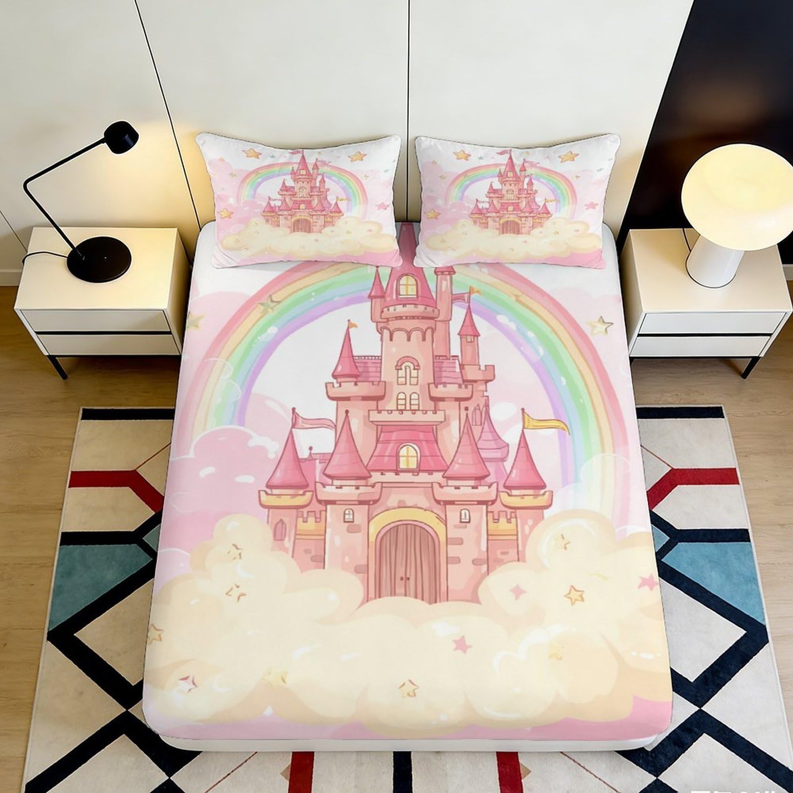 3D Printed Pink Castle Rainbow Fitted Sheet Microfiber Soft Breathable Cloud Bed Cover for Bedroom Dormitory Guest Room Mattress Protection Decor 140x200x25cm