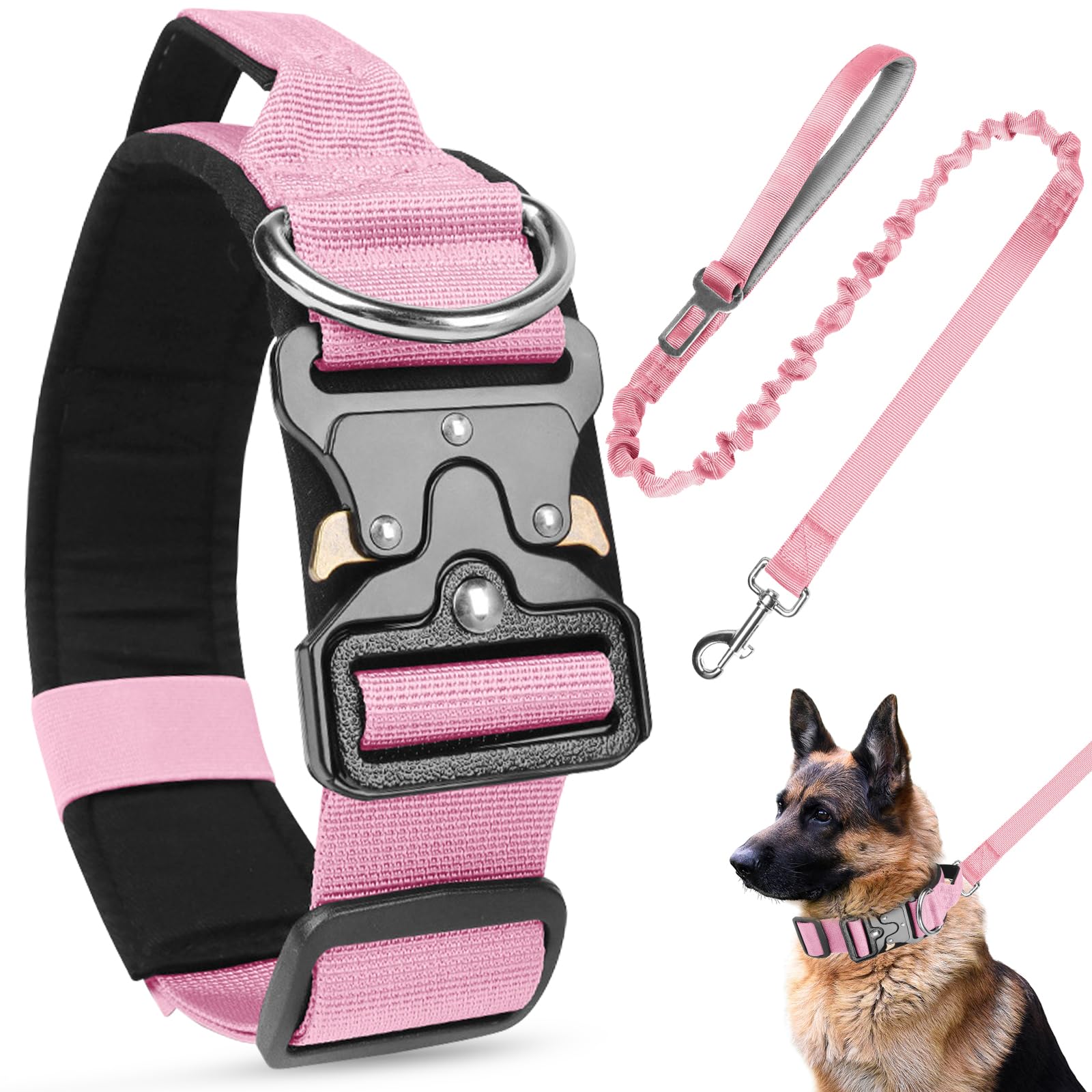 AKOFIC Tactical Dog Collar, Heavy Duty Wide Dog Collar with Handle and Soft Padded, Adjustable Comfortable Pet Collar for Small Medium and Large Dogs Training (Pink + Leash, L) — image 1