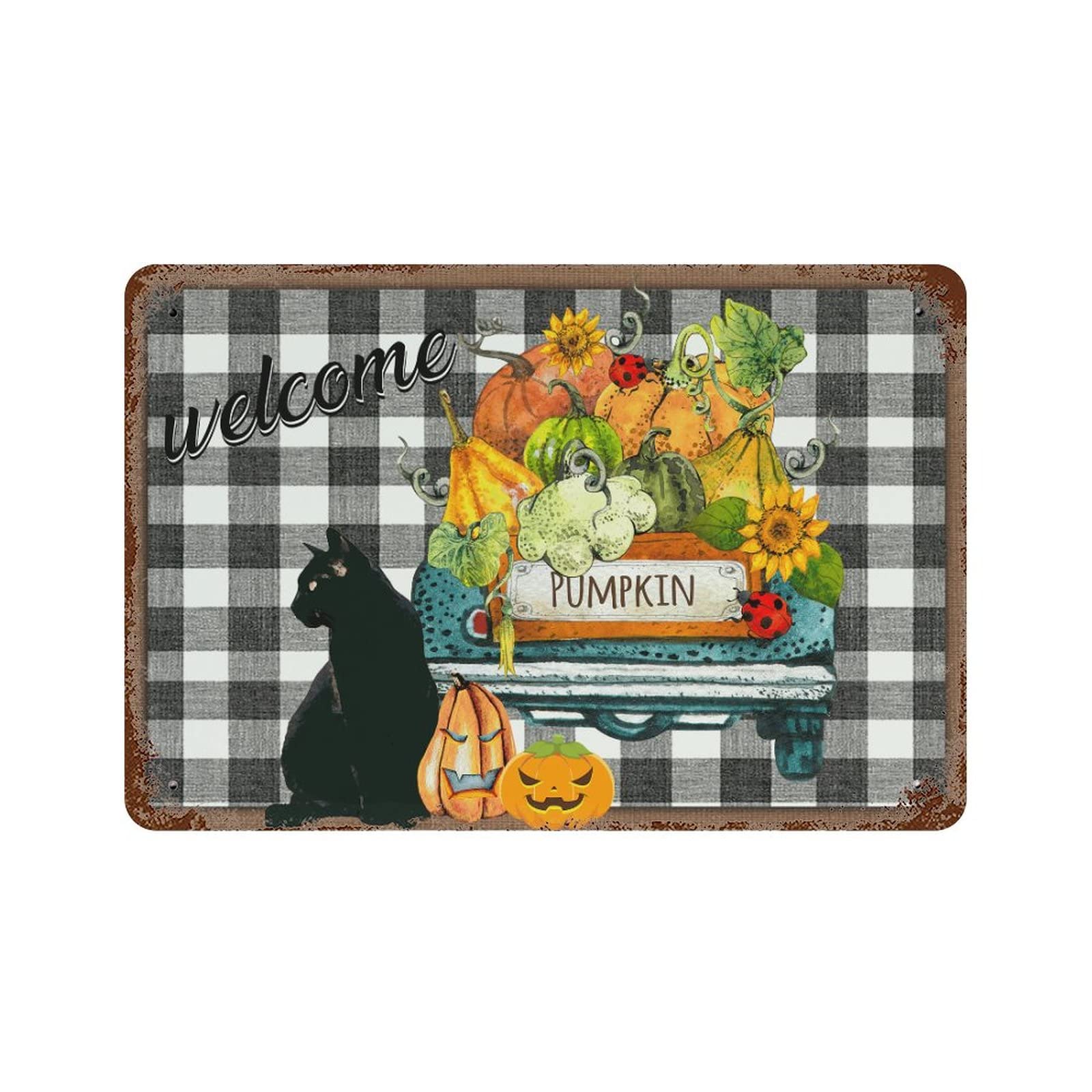 Panneau en étain Welcome Halloween Truck motif gnome de buffle pour déco de maison hantée