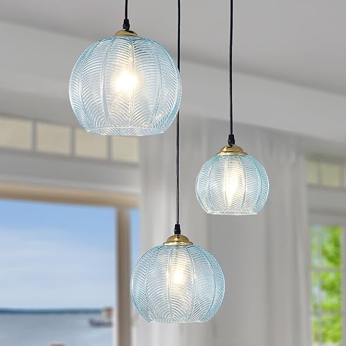 Miniatura 11 de Lámpara Colgante de Globo de Cristal de 3 Luces para Isla de Cocina, Candelabro de Bolas Colgante Moderno de Mediados de Siglo con Acanalado Verde,